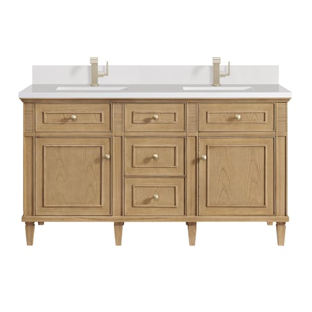 James Martin Vanities 60'' Double Vanity, Light Natural Oak w/ Single Hole 3 CM White Zeus Quartz Top & Backsplash 424-V60D-LNO-1WZ